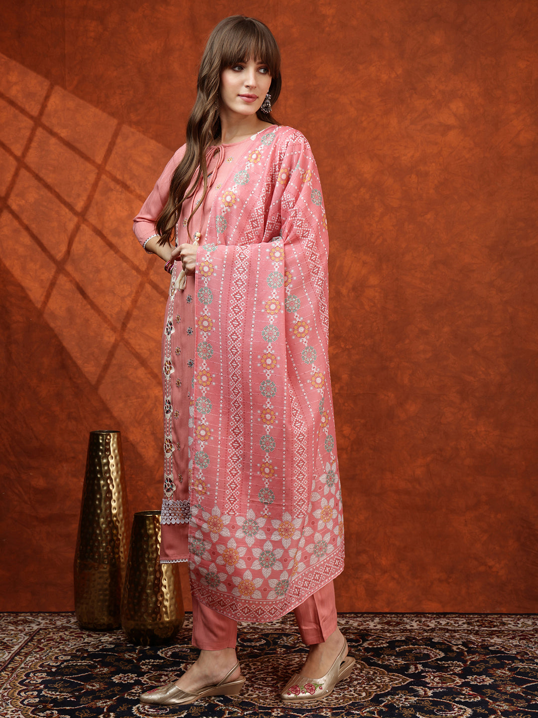 Floral Embroidered Tie Up Neck Kurta With Pant & Dupatta, Pink - Hiral Fashion