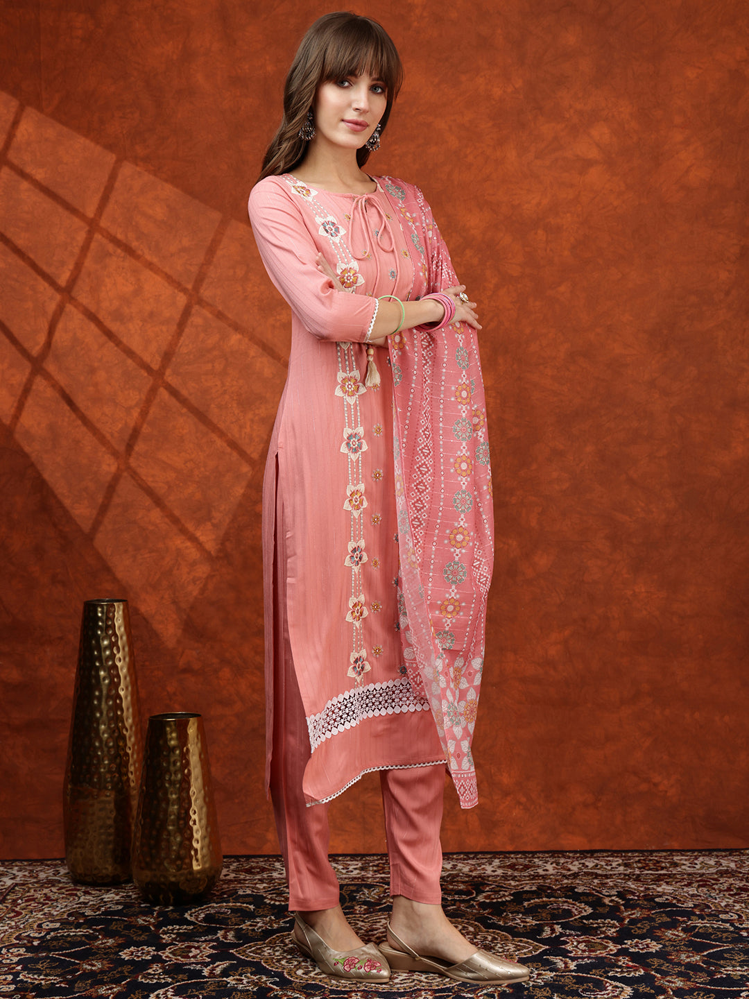 Floral Embroidered Tie Up Neck Kurta With Pant & Dupatta, Pink - Hiral Fashion