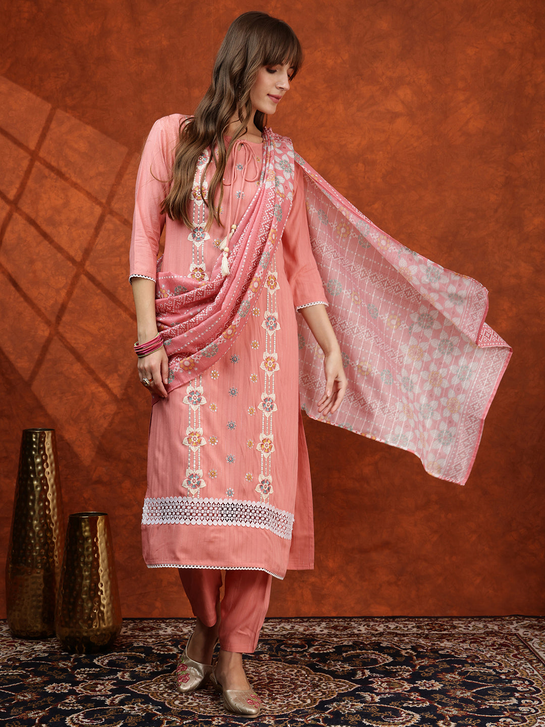 Floral Embroidered Tie Up Neck Kurta With Pant & Dupatta, Pink - Hiral Fashion