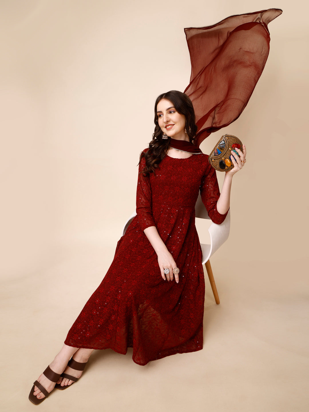 Schiffly Embroidered Flared Kurta With Pant & Dupatta, Maroon - Hiral Fashion