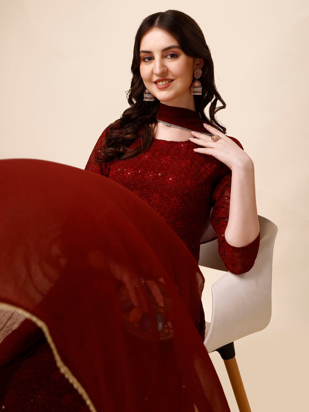 Schiffly Embroidered Flared Kurta With Pant & Dupatta, Maroon - Hiral Fashion