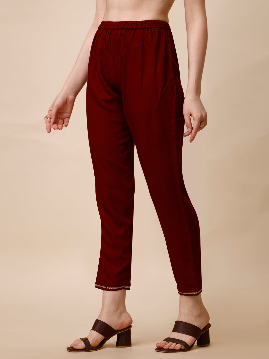 Schiffly Embroidered Flared Kurta With Pant & Dupatta, Maroon - Hiral Fashion