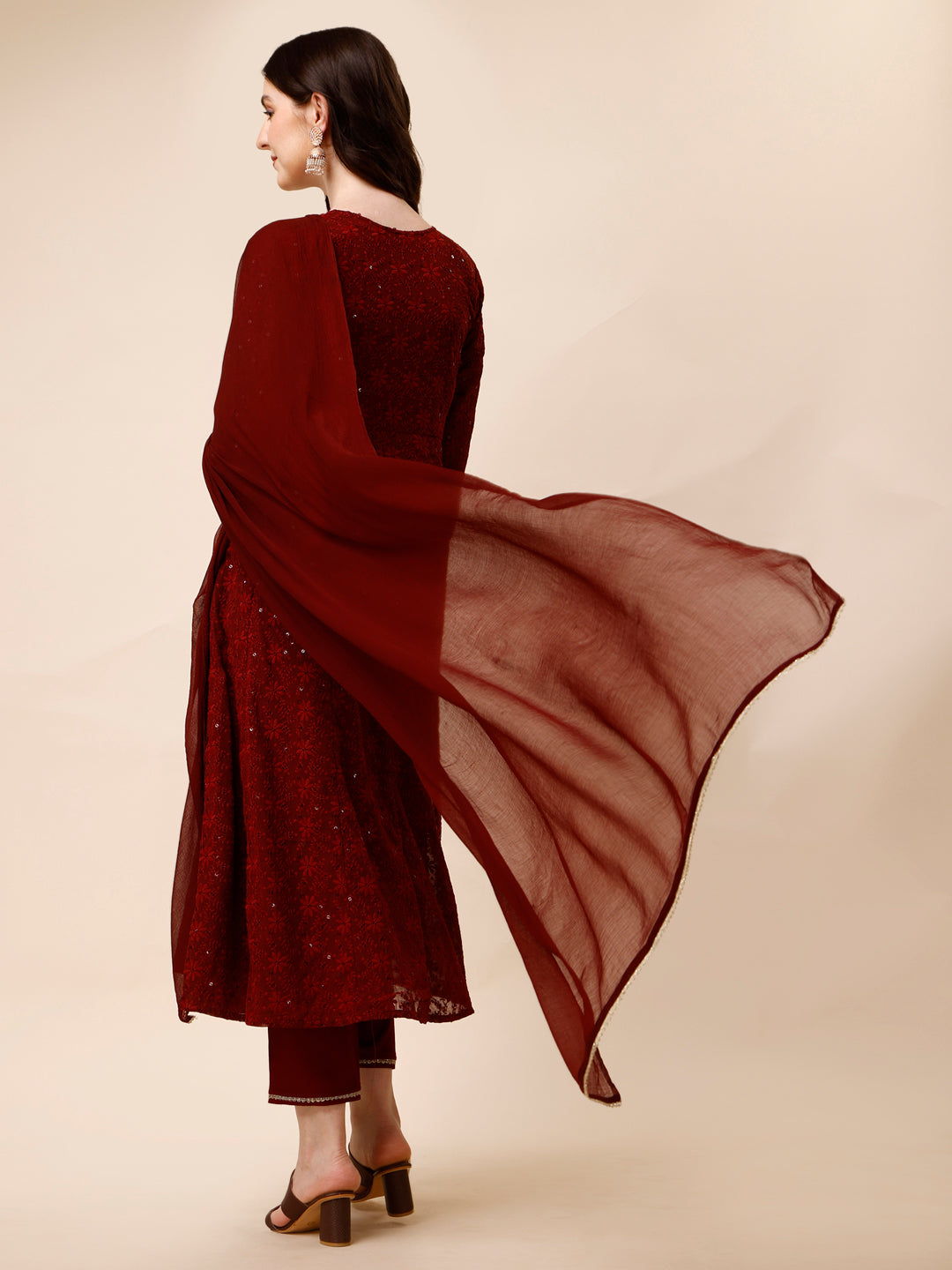 Schiffly Embroidered Flared Kurta With Pant & Dupatta, Maroon - Hiral Fashion