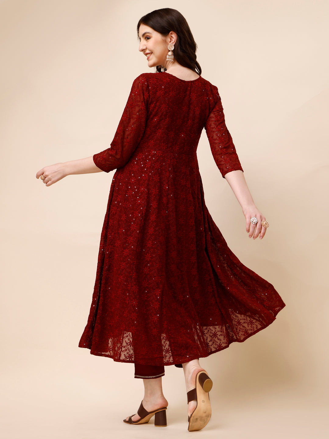 Schiffly Embroidered Flared Kurta With Pant & Dupatta, Maroon - Hiral Fashion