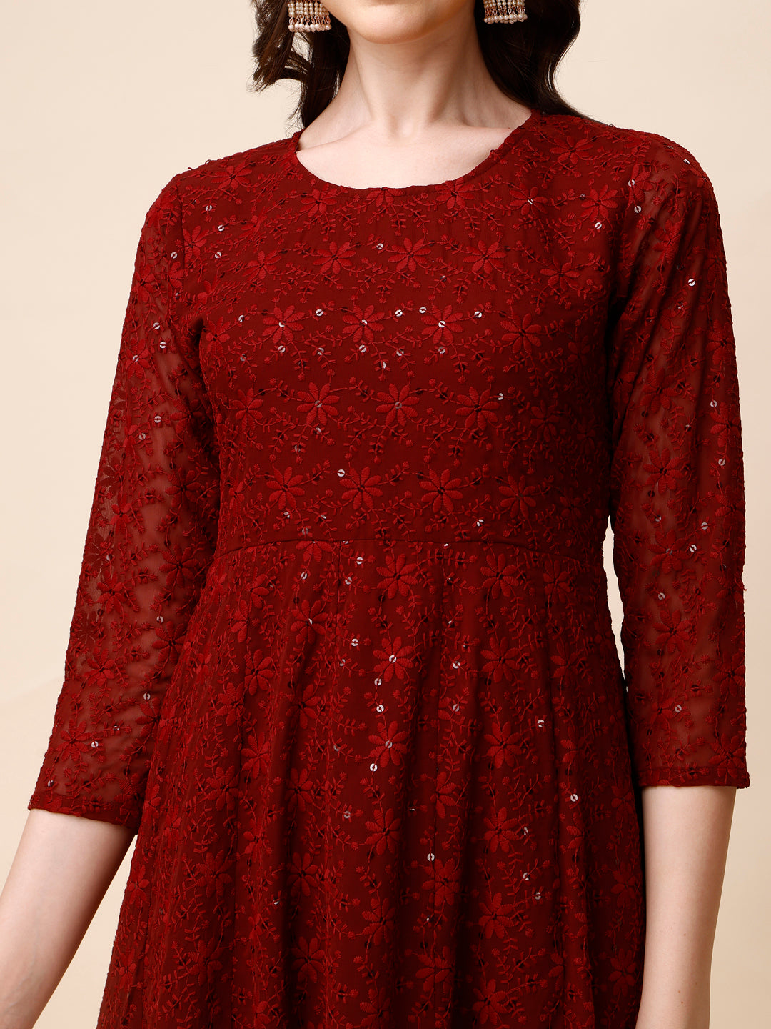Schiffly Embroidered Flared Kurta With Pant & Dupatta, Maroon - Hiral Fashion