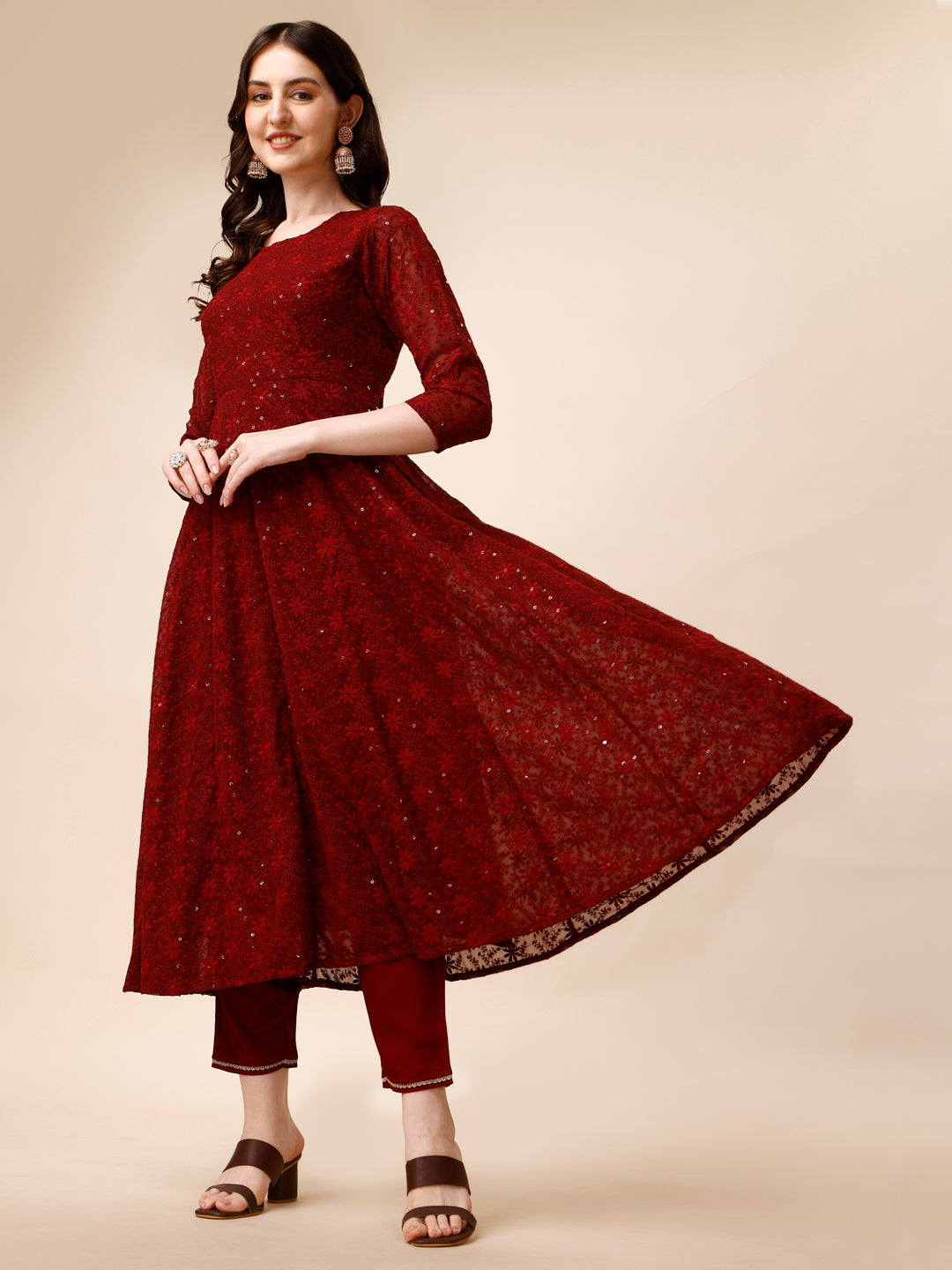 Schiffly Embroidered Flared Kurta With Pant & Dupatta, Maroon - Hiral Fashion