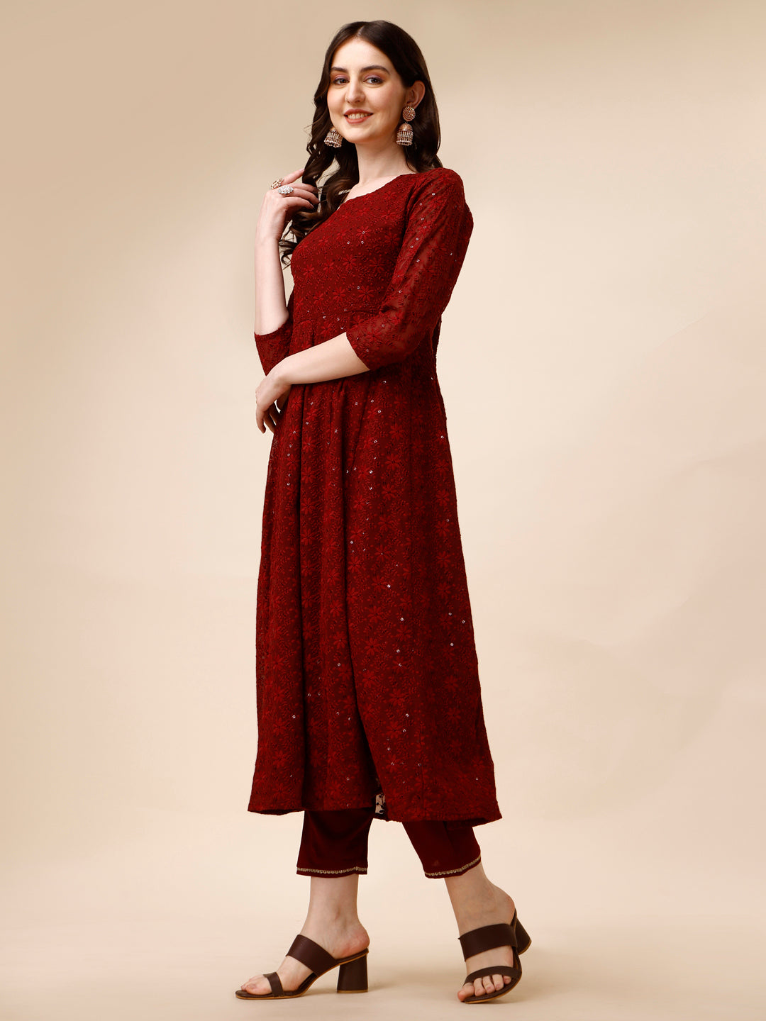 Schiffly Embroidered Flared Kurta With Pant & Dupatta, Maroon - Hiral Fashion
