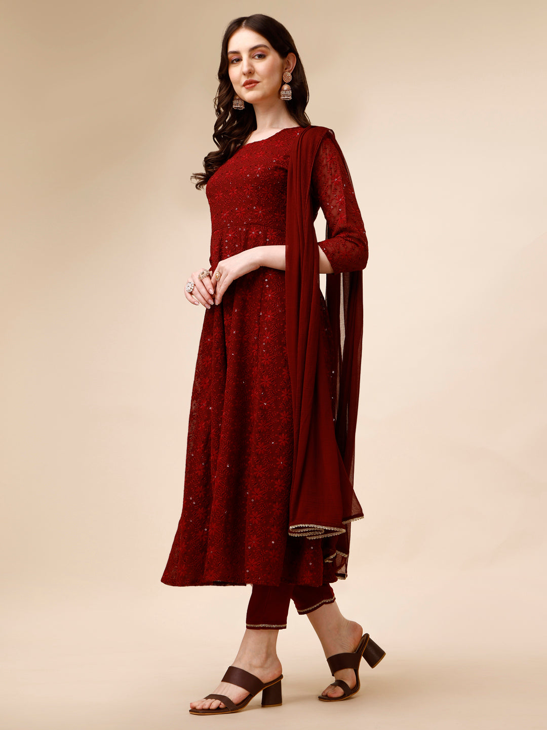 Schiffly Embroidered Flared Kurta With Pant & Dupatta, Maroon - Hiral Fashion