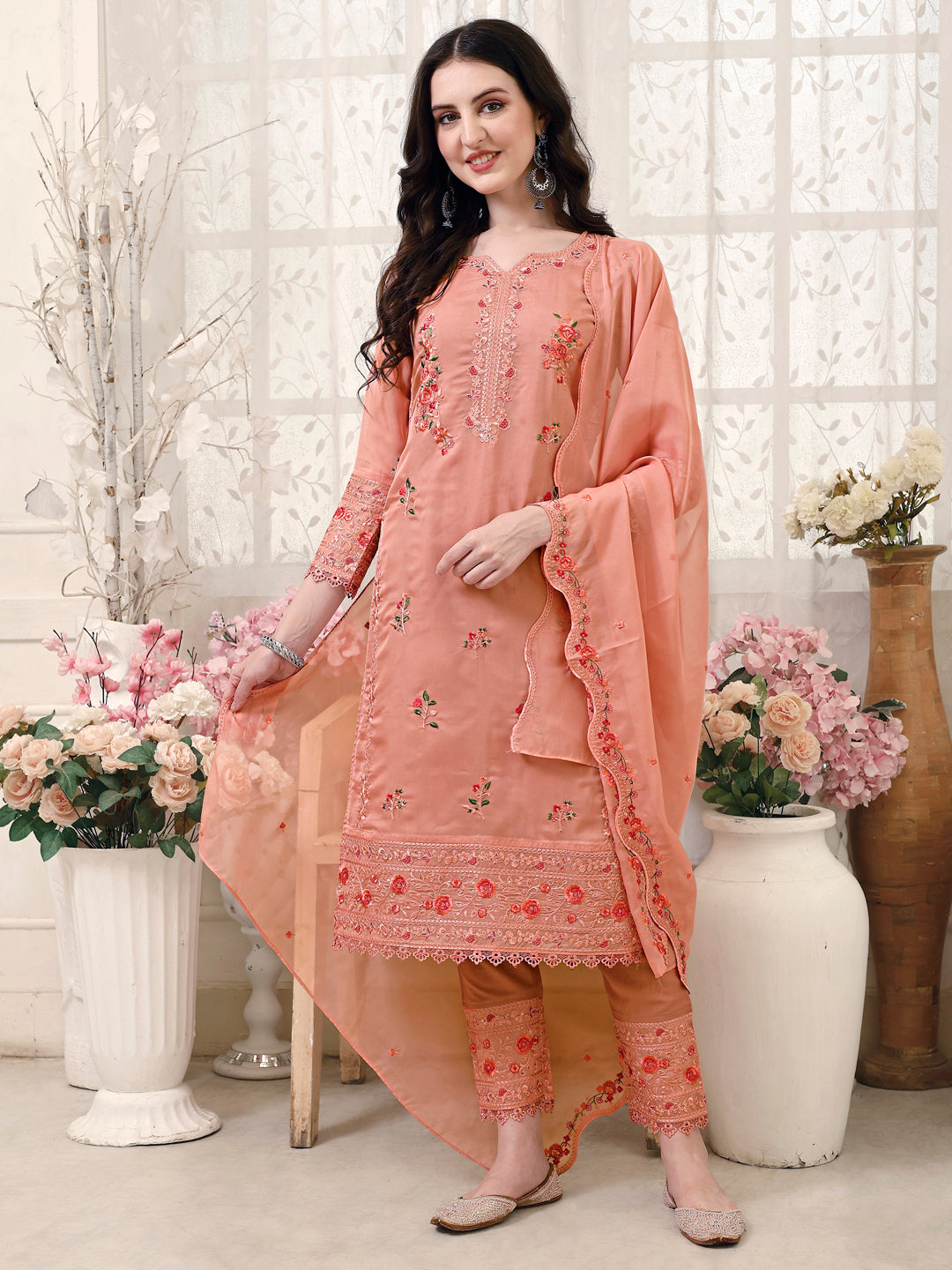 Pakistani Embroidered Kurta With Embroidered Pant & Embroidered Dupatta Premium Luxury, Multicolor - Hiral Fashion
