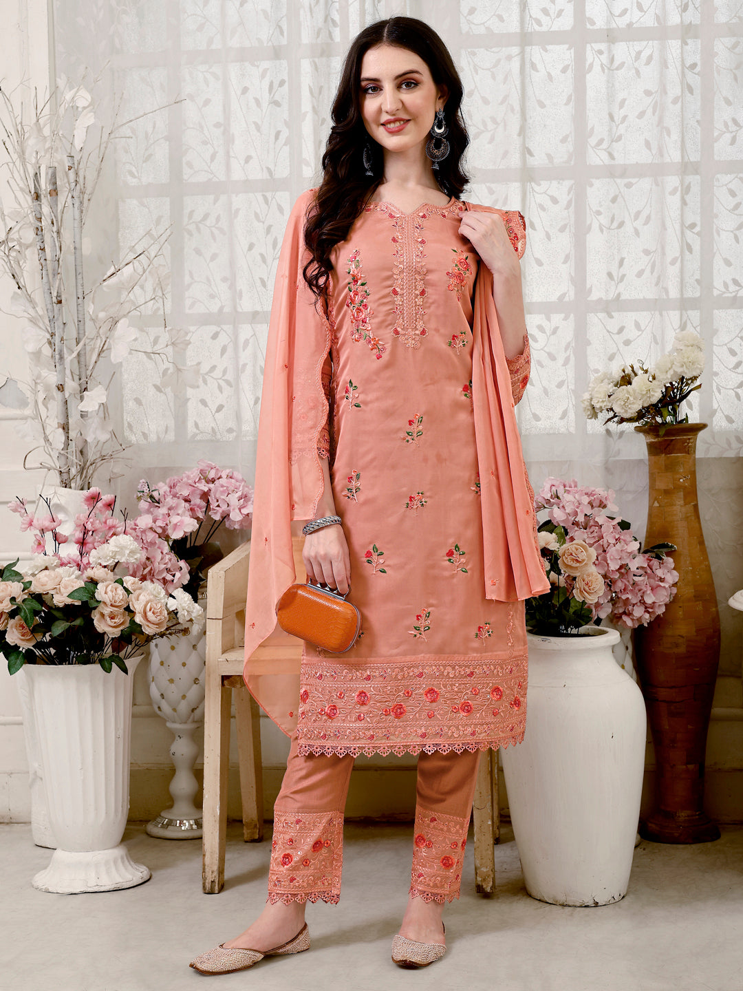 Pakistani Embroidered Kurta With Embroidered Pant & Embroidered Dupatta Premium Luxury, Multicolor - Hiral Fashion
