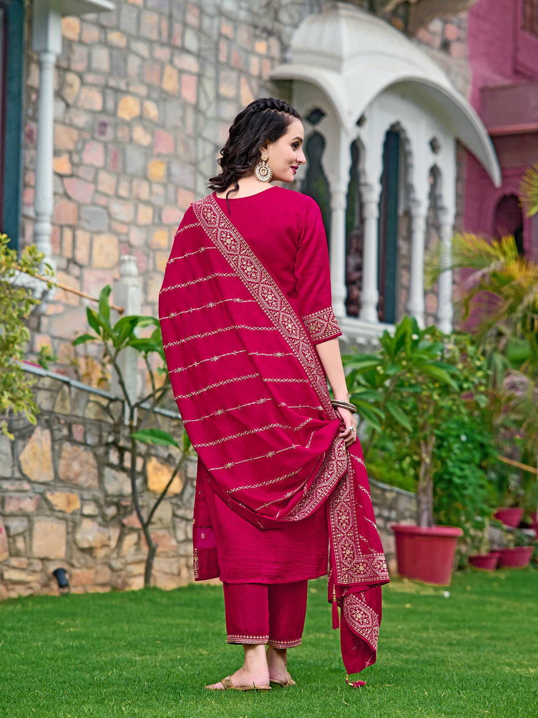 Embroidered Kurta With Pant & Embroidered Dupatta, Pink - Hiral Fashion