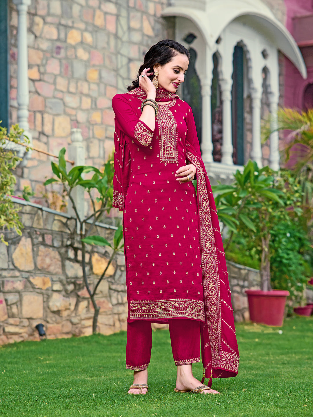 Embroidered Kurta With Pant & Embroidered Dupatta, Pink - Hiral Fashion