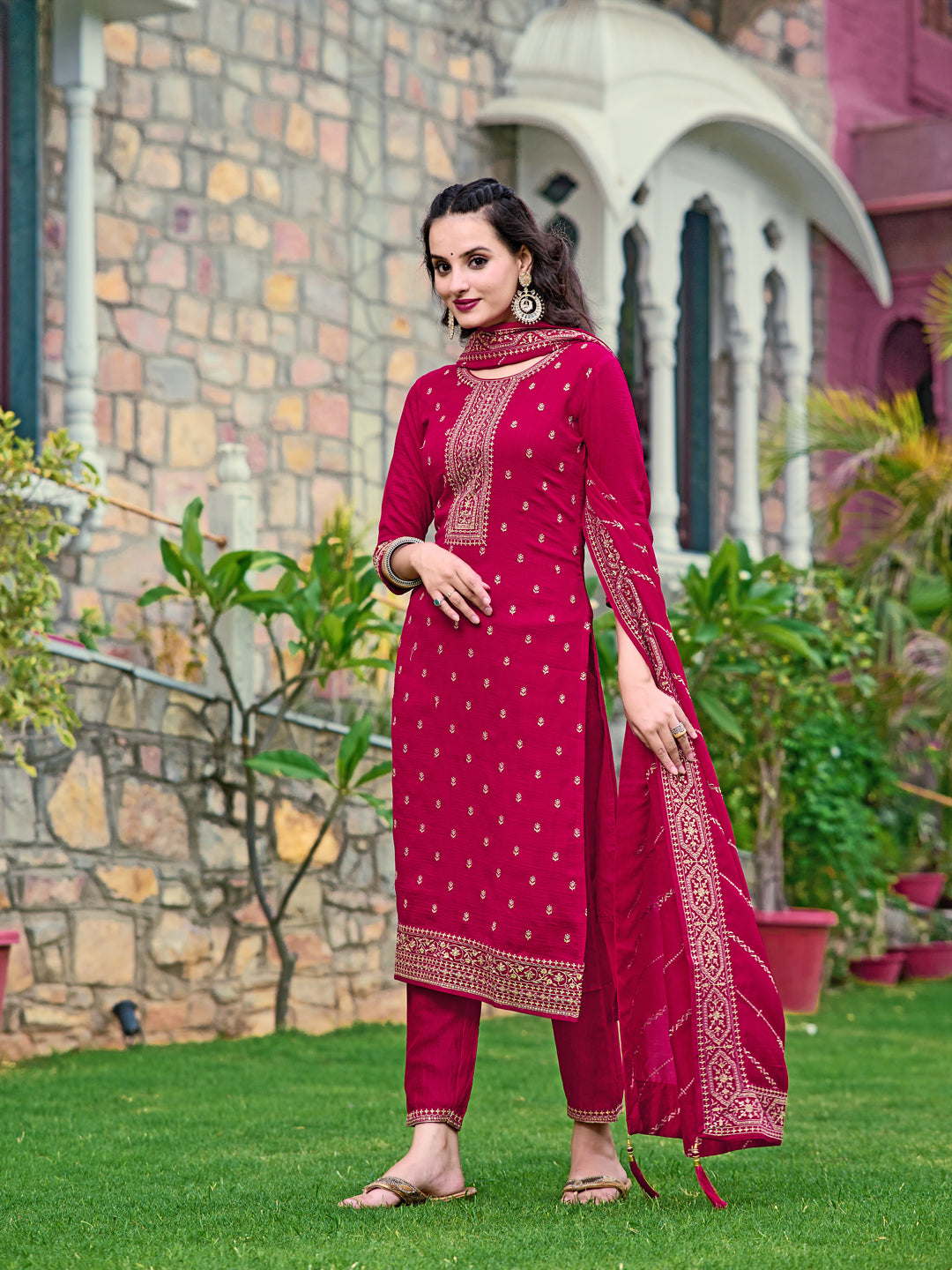 Embroidered Kurta With Pant & Embroidered Dupatta, Pink - Hiral Fashion