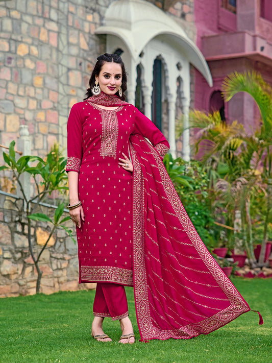 Embroidered Kurta With Pant & Embroidered Dupatta, Pink - Hiral Fashion