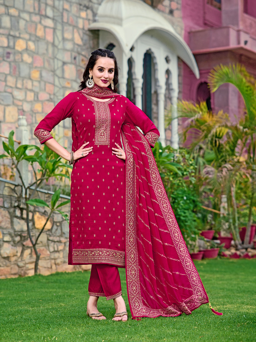 Embroidered Kurta With Pant & Embroidered Dupatta, Pink - Hiral Fashion