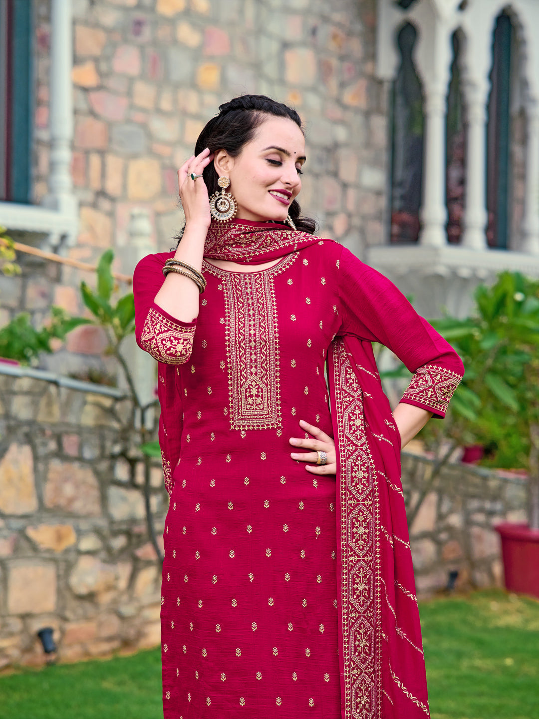 Embroidered Kurta With Pant & Embroidered Dupatta, Pink - Hiral Fashion