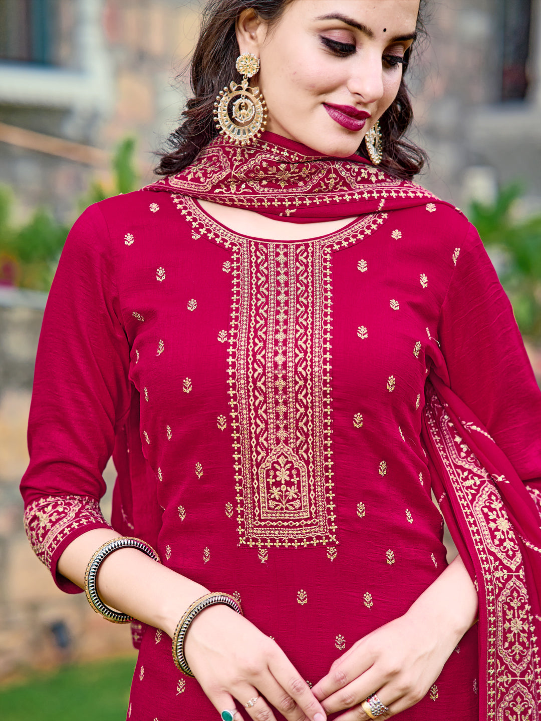 Embroidered Kurta With Pant & Embroidered Dupatta, Pink - Hiral Fashion