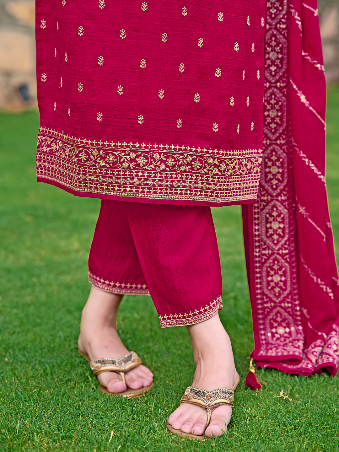 Embroidered Kurta With Pant & Embroidered Dupatta, Pink - Hiral Fashion