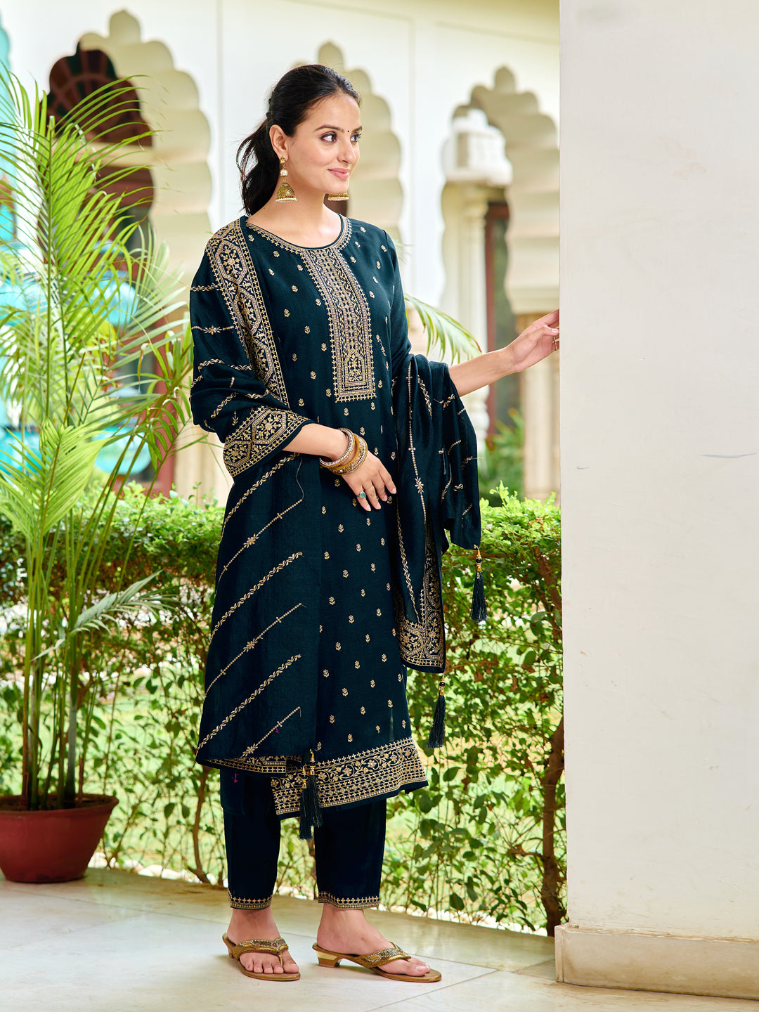 Embroidered Kurta With Pant & Embroidered Dupatta, Navy Blue - Hiral Fashion