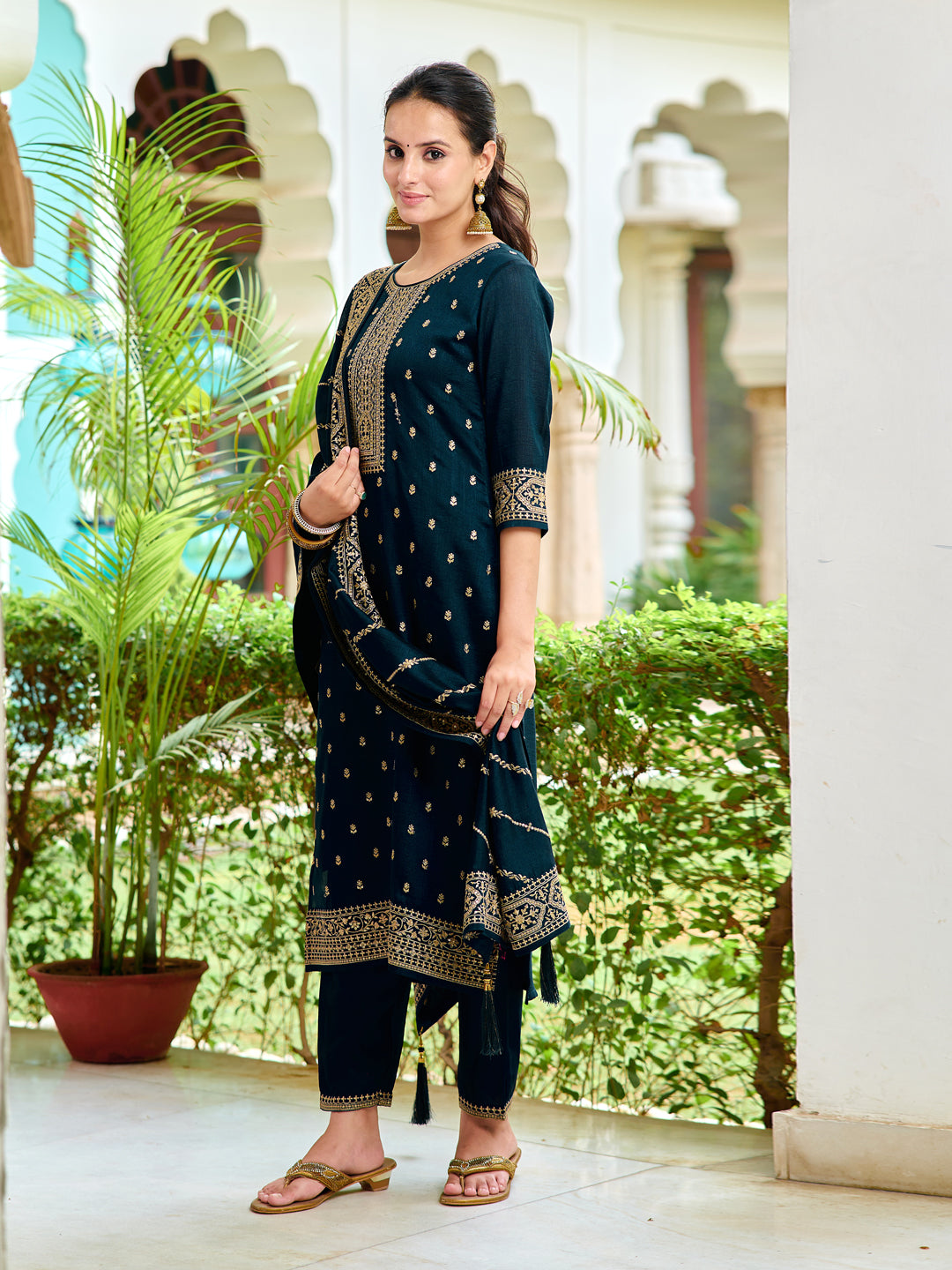Embroidered Kurta With Pant & Embroidered Dupatta, Navy Blue - Hiral Fashion