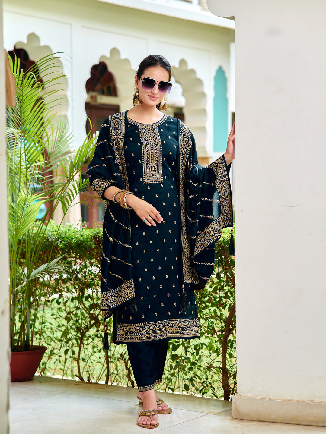 Embroidered Kurta With Pant & Embroidered Dupatta, Navy Blue - Hiral Fashion