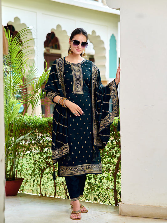 Embroidered Kurta With Pant & Embroidered Dupatta, Navy Blue - Hiral Fashion