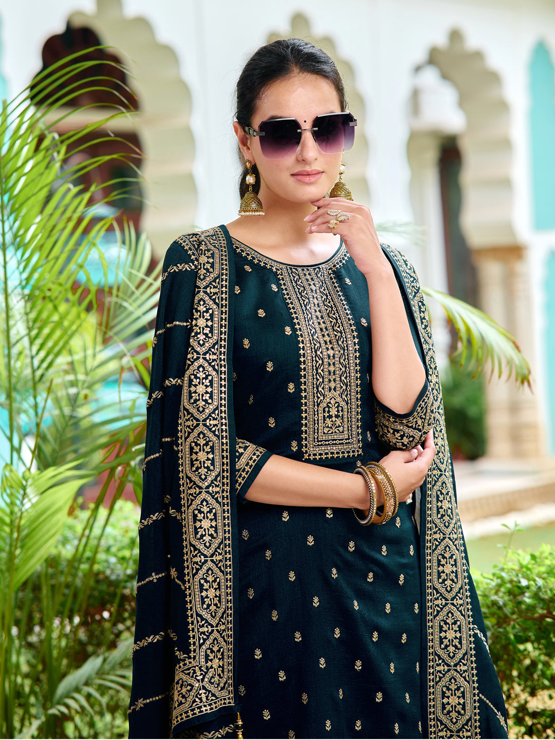 Embroidered Kurta With Pant & Embroidered Dupatta, Navy Blue - Hiral Fashion
