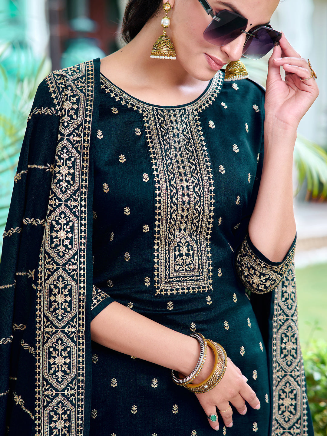 Embroidered Kurta With Pant & Embroidered Dupatta, Navy Blue - Hiral Fashion