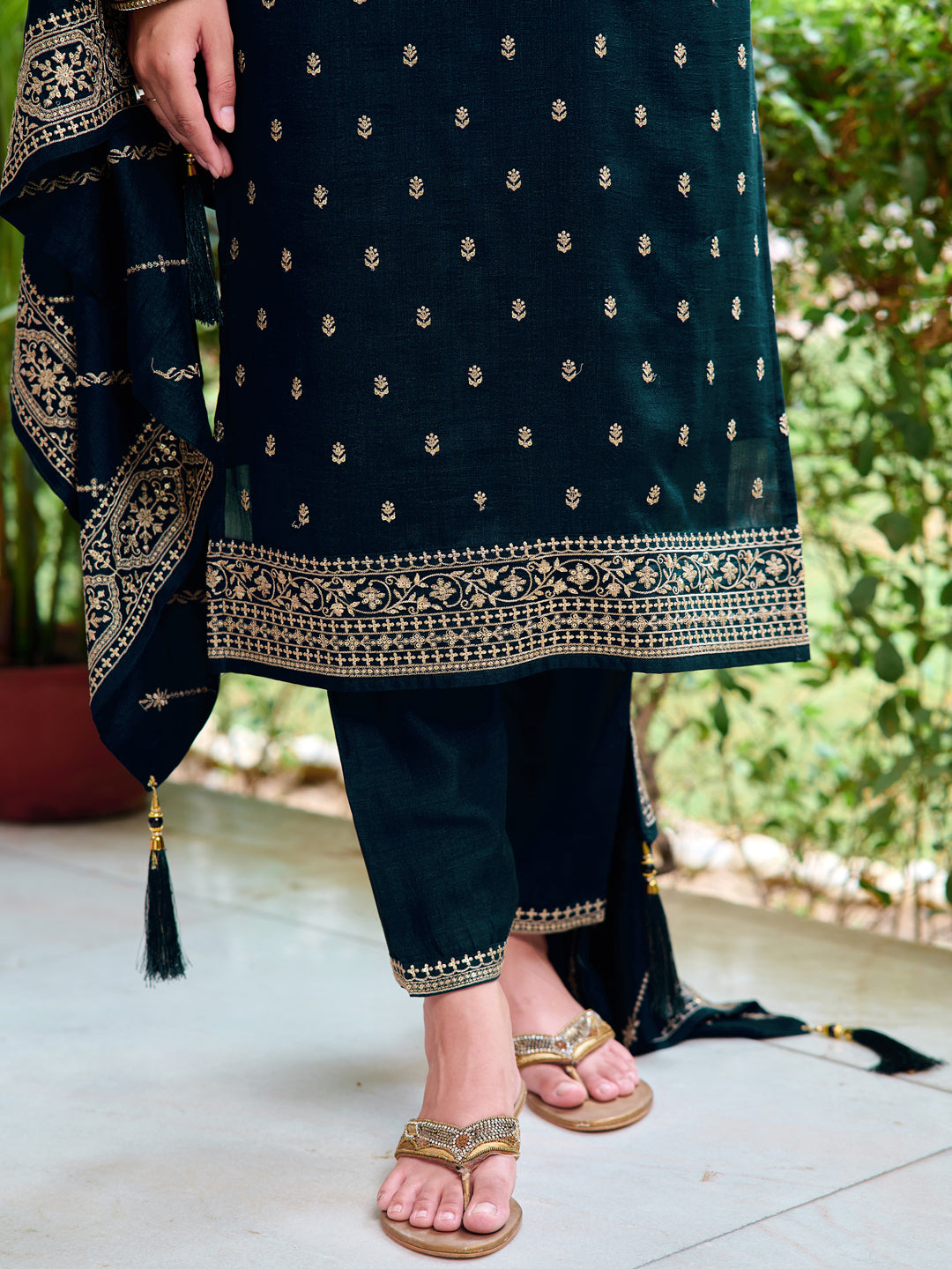 Embroidered Kurta With Pant & Embroidered Dupatta, Navy Blue - Hiral Fashion