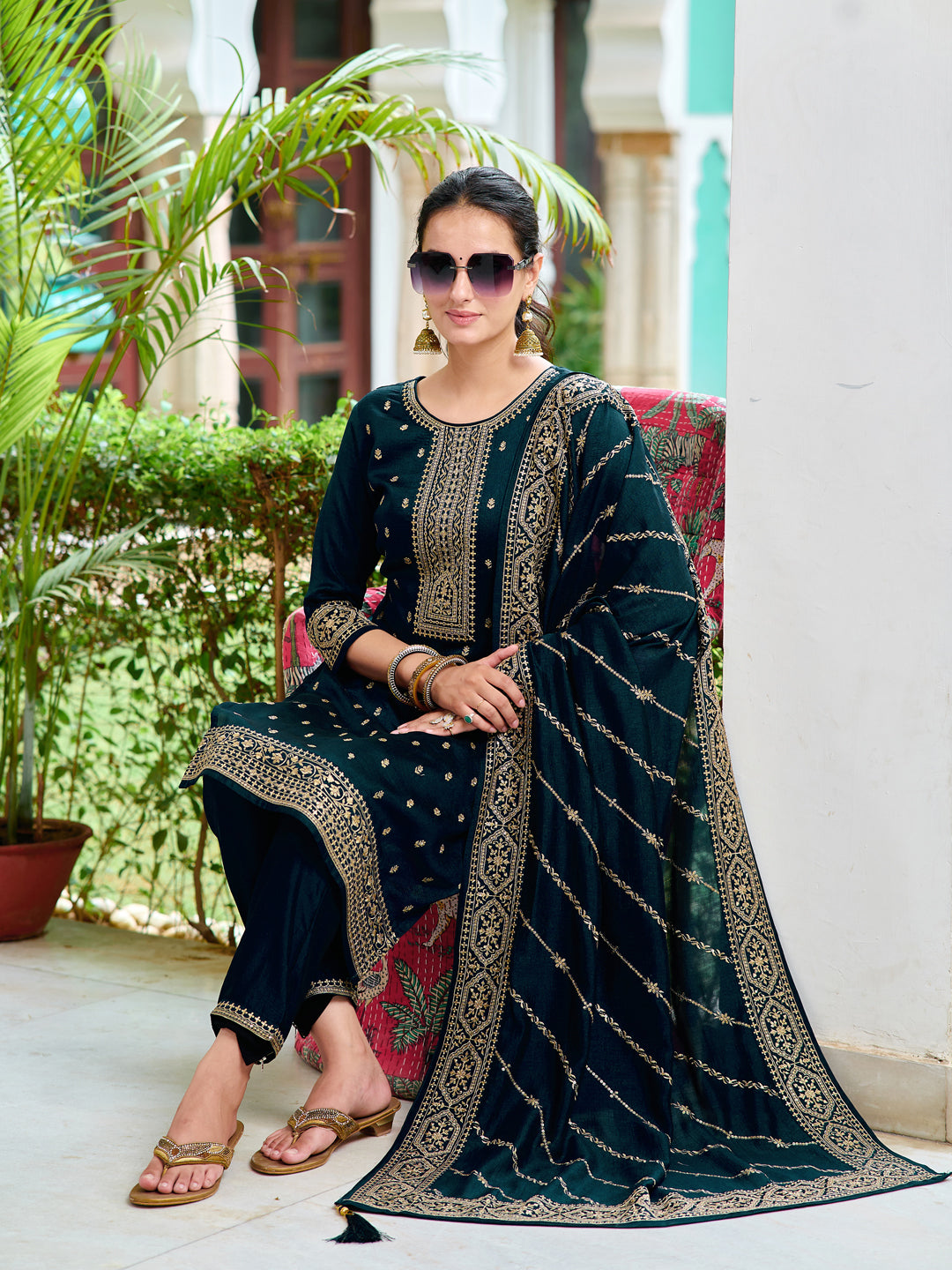 Embroidered Kurta With Pant & Embroidered Dupatta, Navy Blue - Hiral Fashion