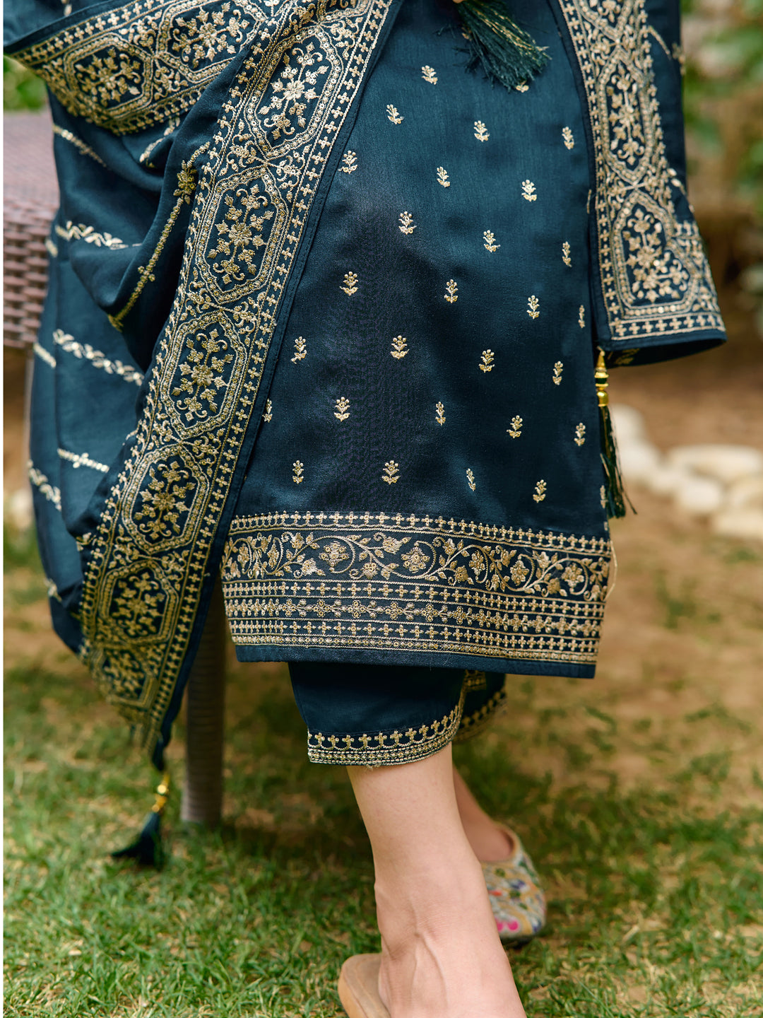 Embroidered Kurta With Pant & Embroidered Dupatta, Teal - Hiral Fashion