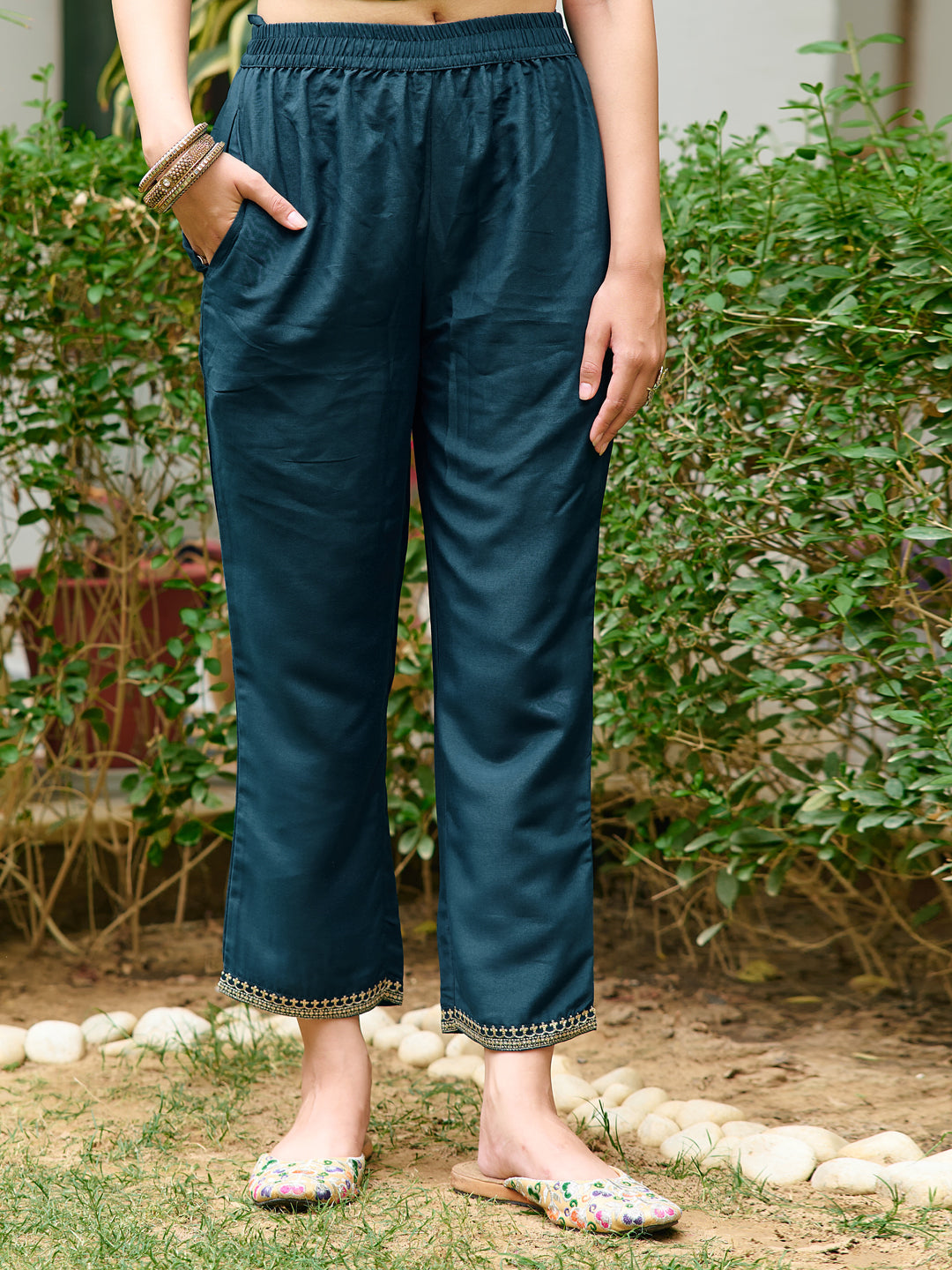 Embroidered Kurta With Pant & Embroidered Dupatta, Teal - Hiral Fashion