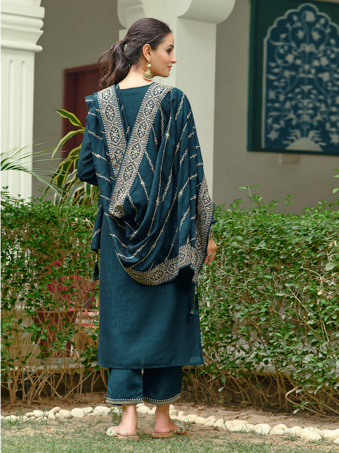 Embroidered Kurta With Pant & Embroidered Dupatta, Teal - Hiral Fashion