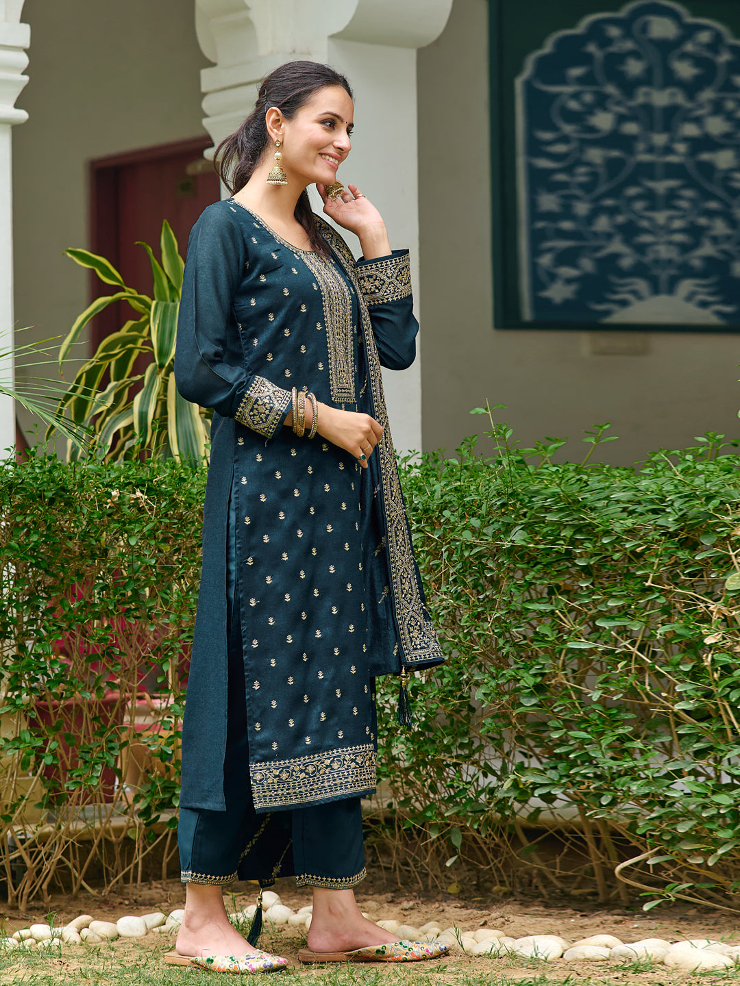 Embroidered Kurta With Pant & Embroidered Dupatta, Teal - Hiral Fashion