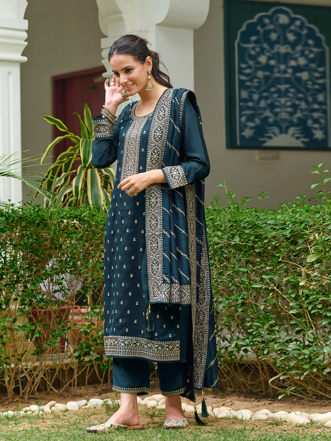 Embroidered Kurta With Pant & Embroidered Dupatta, Teal - Hiral Fashion