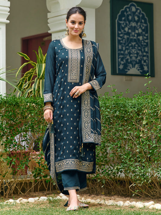 Embroidered Kurta With Pant & Embroidered Dupatta, Teal - Hiral Fashion