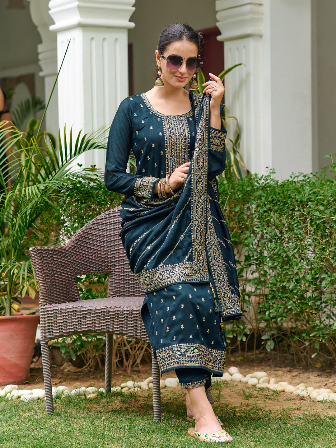 Embroidered Kurta With Pant & Embroidered Dupatta, Teal - Hiral Fashion