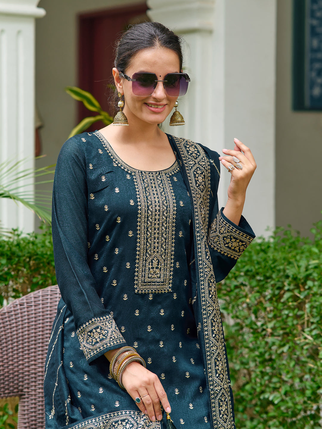 Embroidered Kurta With Pant & Embroidered Dupatta, Teal - Hiral Fashion