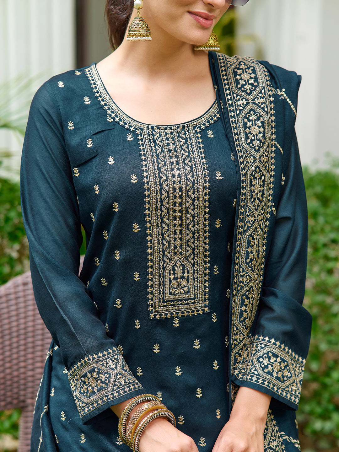 Embroidered Kurta With Pant & Embroidered Dupatta, Teal - Hiral Fashion