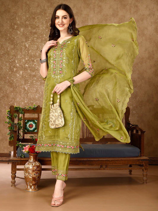 Pakistani Embroidered Organza Kurta With Pant & Embroidered Dupatta Luxury Premium, Multicolor - Hiral Fashion