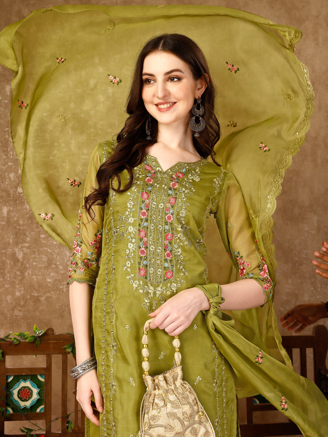 Pakistani Embroidered Organza Kurta With Pant & Embroidered Dupatta Luxury Premium, Multicolor - Hiral Fashion