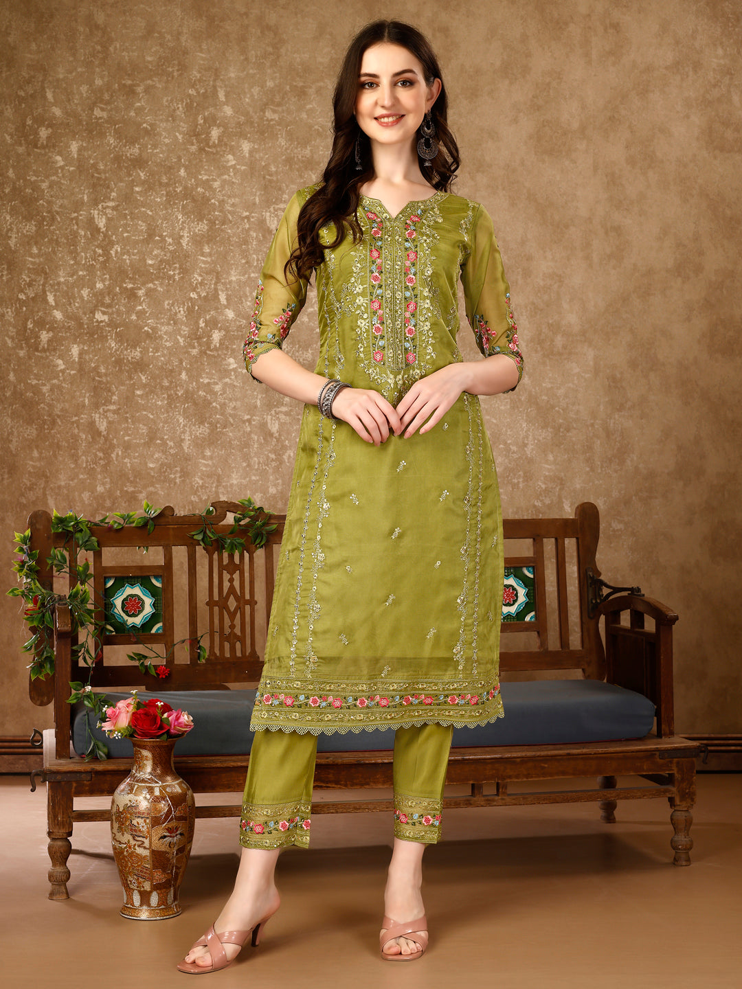 Pakistani Embroidered Organza Kurta With Pant & Embroidered Dupatta Luxury Premium, Multicolor - Hiral Fashion