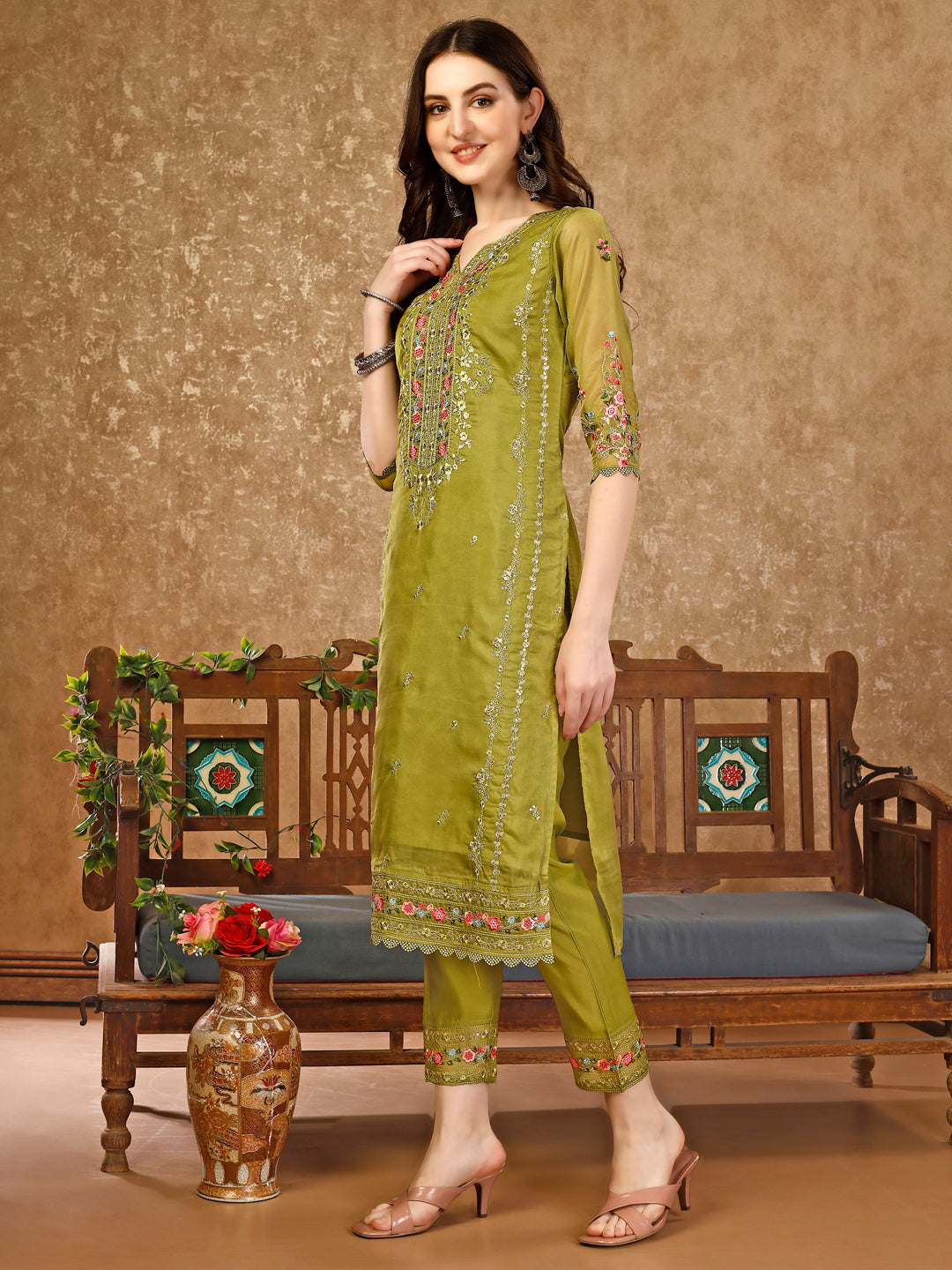 Pakistani Embroidered Organza Kurta With Pant & Embroidered Dupatta Luxury Premium, Multicolor - Hiral Fashion