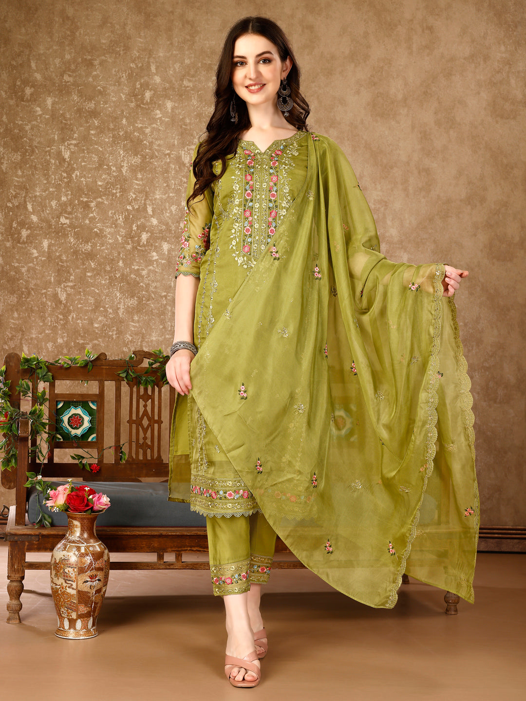 Pakistani Embroidered Organza Kurta With Pant & Embroidered Dupatta Luxury Premium, Multicolor - Hiral Fashion