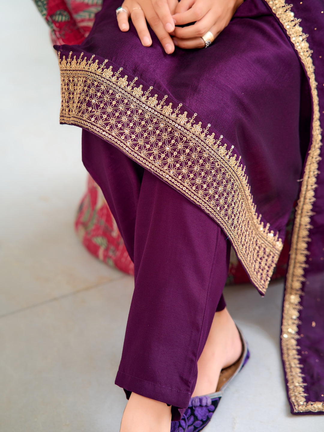 Embroidered Kurta With Pant & Printed Dupatta, Wine - Hiral Fashion