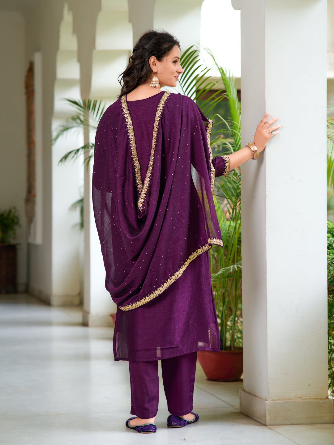 Embroidered Kurta With Pant & Printed Dupatta, Wine - Hiral Fashion