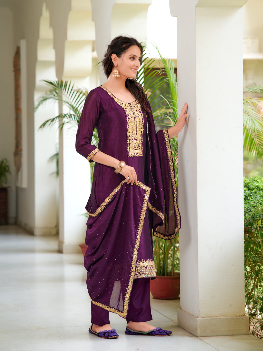 Embroidered Kurta With Pant & Printed Dupatta, Wine - Hiral Fashion