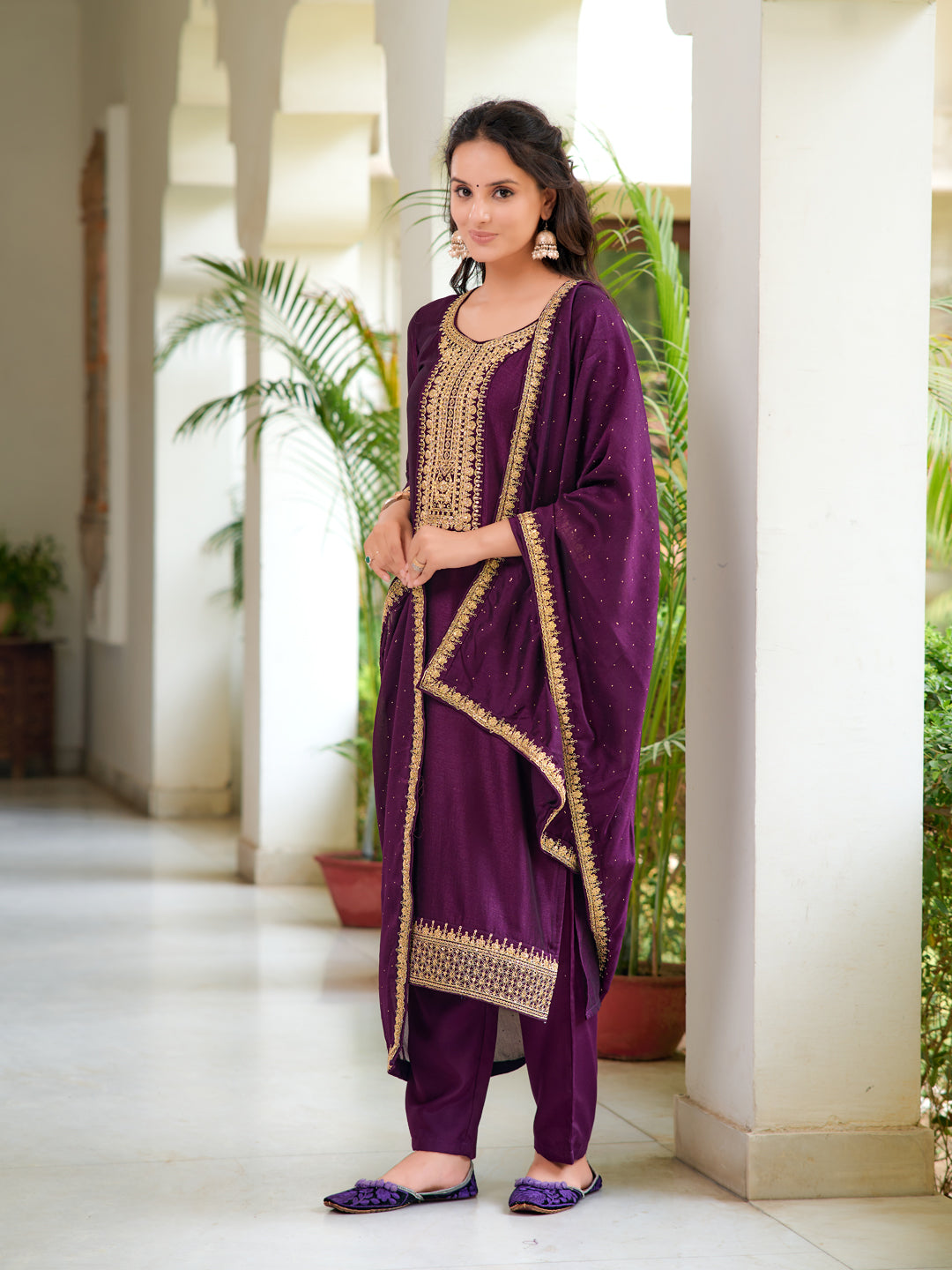 Embroidered Kurta With Pant & Printed Dupatta, Wine - Hiral Fashion