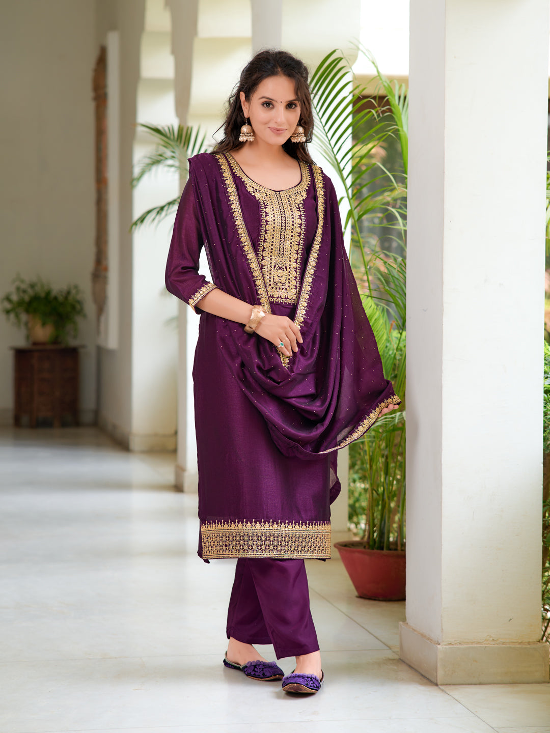 Embroidered Kurta With Pant & Printed Dupatta, Wine - Hiral Fashion