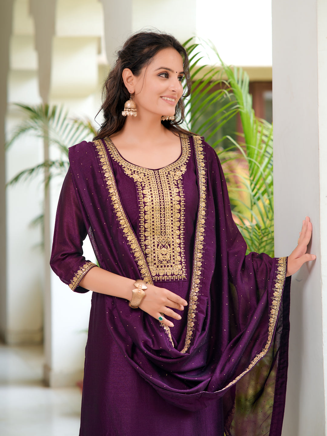 Embroidered Kurta With Pant & Printed Dupatta, Wine - Hiral Fashion